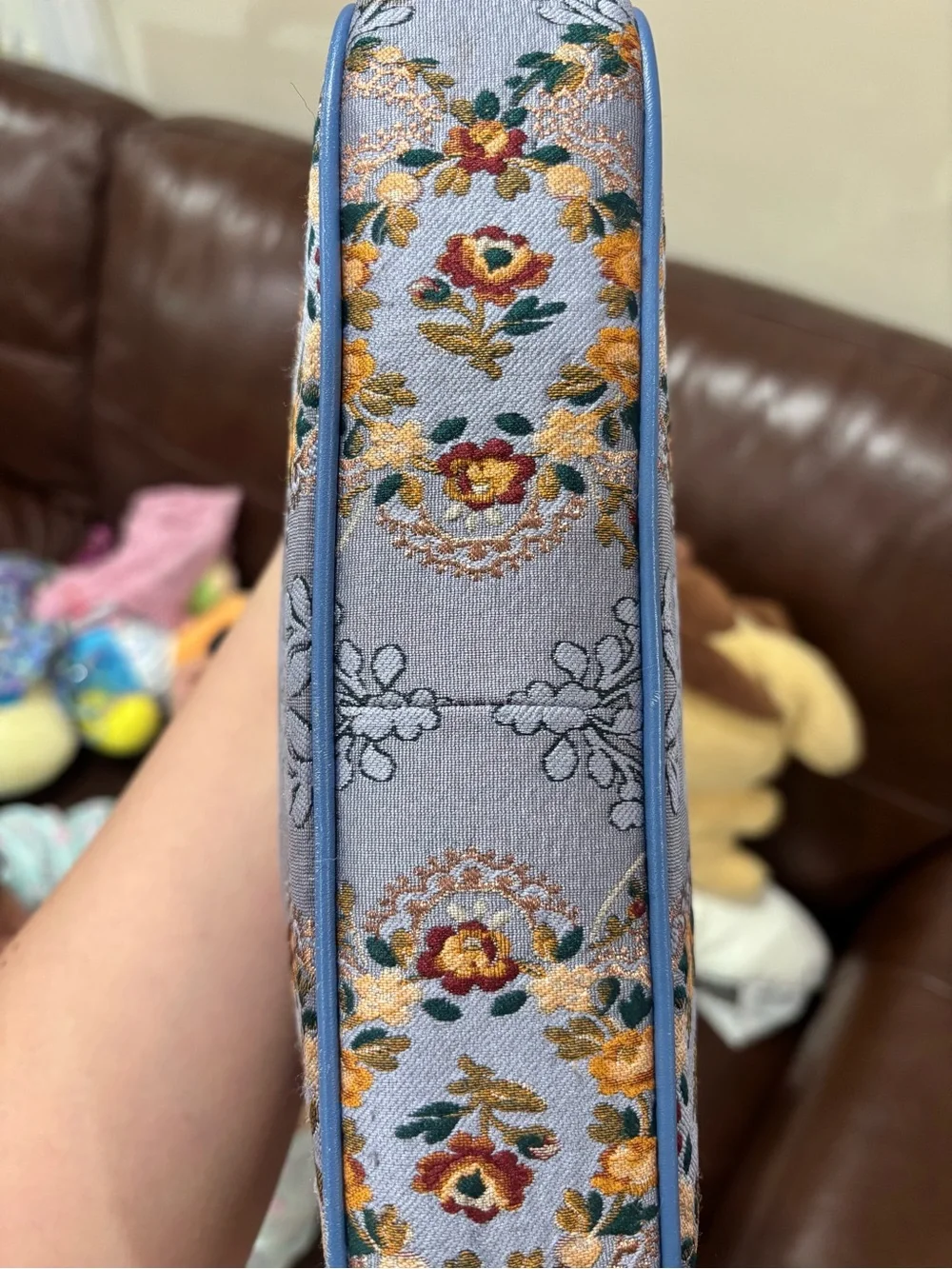 Tory Burch Blue Floral Embroidered Shoulder Bag with Gold Colored Hardware